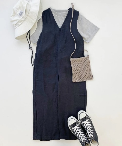 ARCH & LINE サロペット オーバーオール リネン混 Vネックサロペット