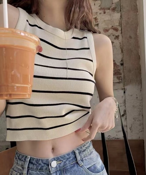 Sibra（シブラ） ニット セーター ストライプノースリーブニット