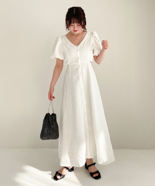 Heather ワンピース パフスリーブカットアウトワンピース（半袖