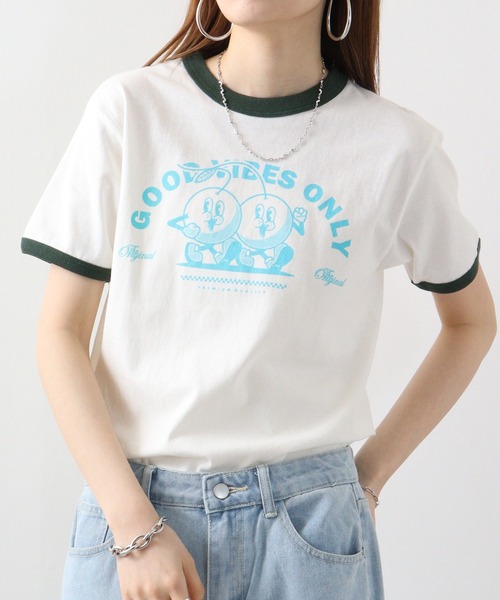 spiritoso tシャツ さくらんぼプリント リンガーTシャツ