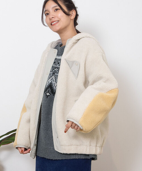 POU DOU DOU（プードゥドゥ） ブルゾン アウター 配色袖フーデッドボア 