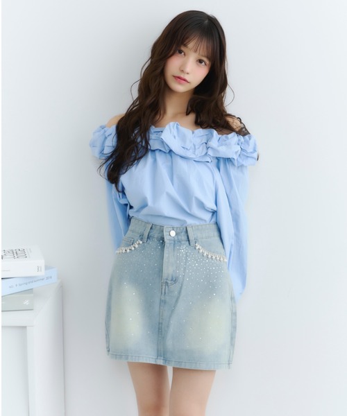 TITTY＆CO. デニムスカート ビジュー付きデニムミニスカート