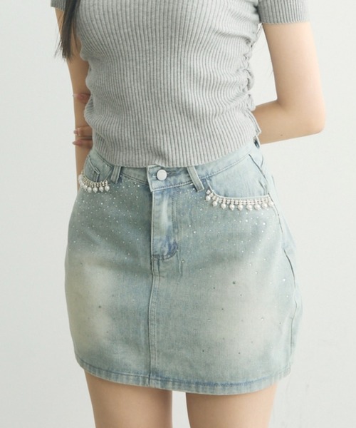 [新品] デニムミニスカート TITTY＆CO. デニムスカート ビジュー付きデニムミニスカート