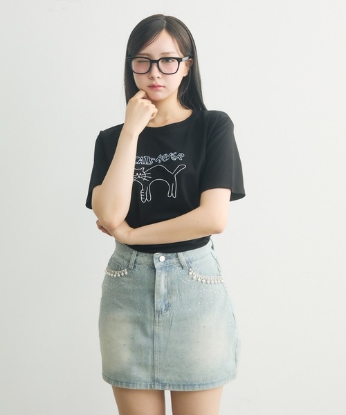 TITTY＆CO. デニムスカート ビジュー付きデニムミニスカート