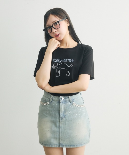 TITTY＆CO. デニムスカート ビジュー付きデニムミニスカート