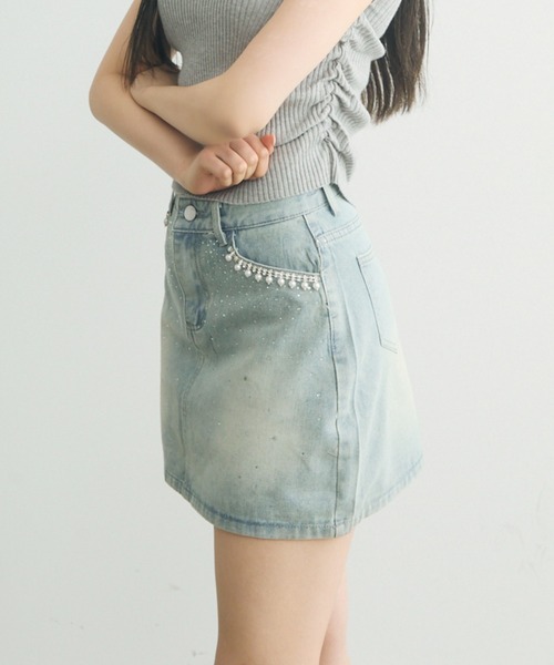 TITTY＆CO. デニムスカート ビジュー付きデニムミニスカート