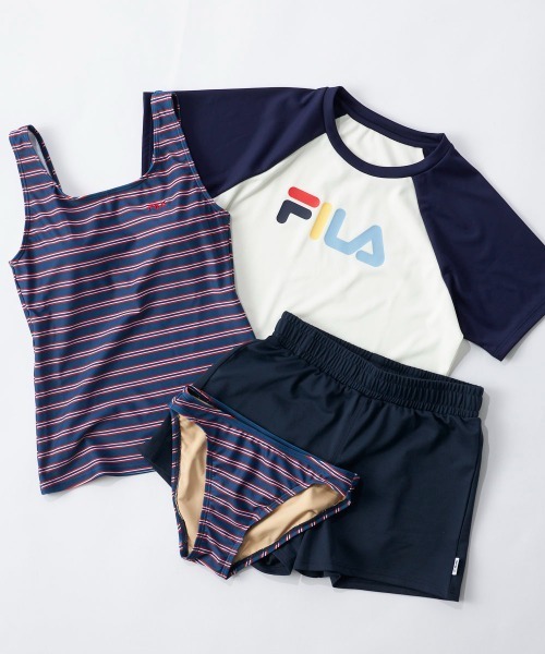 【FILA】吸水速乾/紫外線対策/UVケア ラグランロゴTシャツ付き水着4点NV FILA 水着 「FILA」「吸水速乾/紫外線対策/UVケア」ラグランロゴ