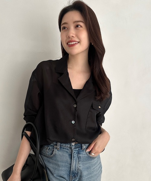 新品❤️完売　anuans アニュアンス シアーテーラードシャツ　ブラック シアーテーラードシャツ（シャツ/ブラウス）｜anuans（アニュアンス