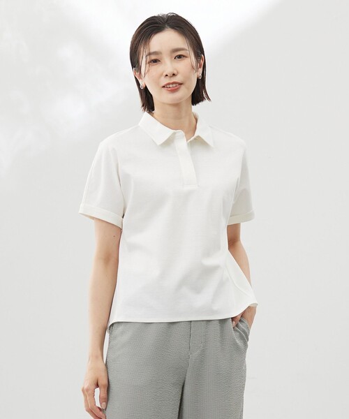 tシャツ 「洗える」コットンリネンジャージー ポロ カットソー レディース