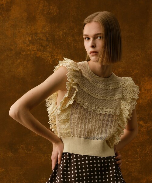 ニット セーター 「LOULOU WILLOUGHBY」レースフリルニットプルオーバー レディース