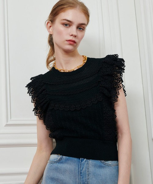 【美品】LOULOU WILLOUGHBY ルルウィルビー ニット ブラック 黒 サイズ:2(M) | 24秋冬 リブ コルセット ラメ プルオーバー ニット | クルーネック ノースリーブ | トップス セーター【レディース】【中古】 LOULOU WILLOUGHBY（ルルウィルビー） ニット セーター 「LOULOU