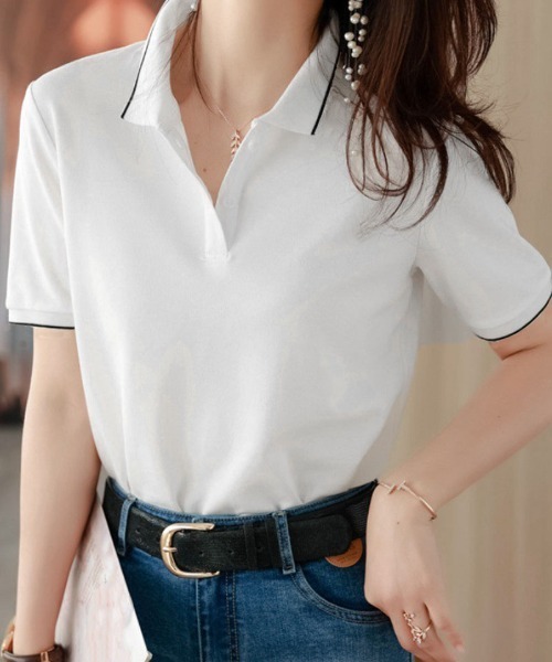 shoppinggo tシャツ 配色ライン襟付き 半袖 Tシャツ ポロシャツ