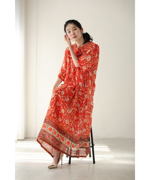 cawaii ワンピース さらり涼しいヴィンテージ風フラワーロング