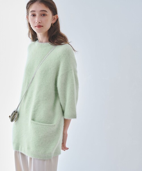 ユナイテッドアローズ ニット セーター モヘヤ ウール ファー グリーン アゼ モヘヤ クルーネック ショートニット