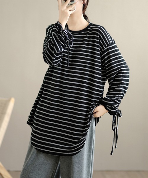 tシャツ ボーダー柄ドローストリングスリーブトップス レディース