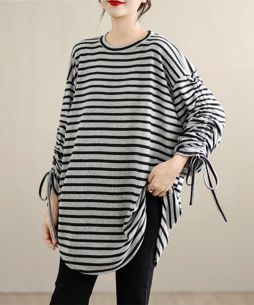tシャツ ボーダー柄ドローストリングスリーブトップス レディース