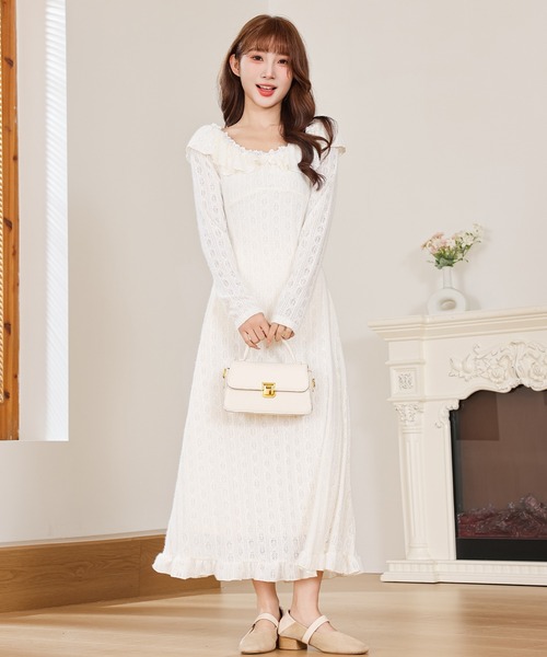 Anely ワンピース 透かし編み フリルネック レース ロング ニット