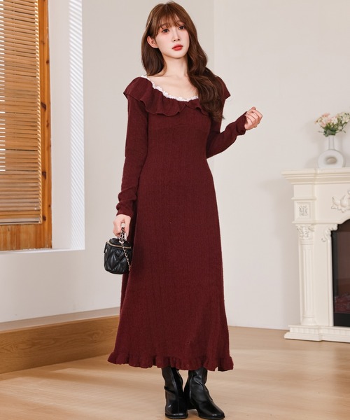 Anely ワンピース 透かし編み フリルネック レース ロング ニット