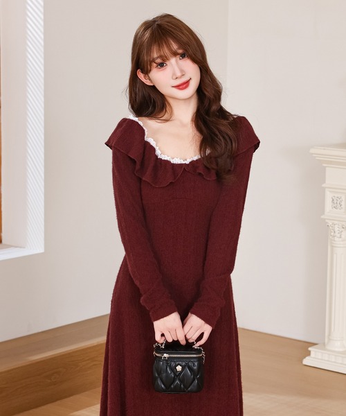 Anely ワンピース 透かし編み フリルネック レース ロング ニット