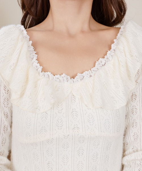 Anely ワンピース 透かし編み フリルネック レース ロング ニット