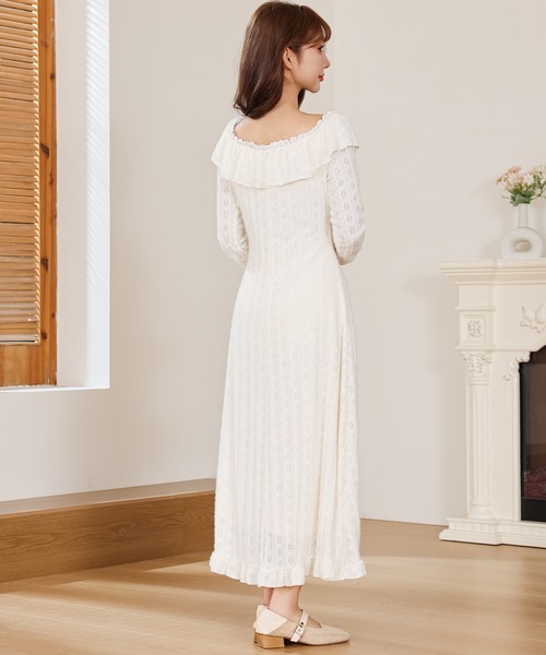 Anely ワンピース 透かし編み フリルネック レース ロング ニット