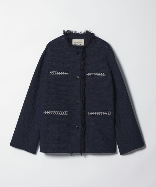 美品 ユナイテッドアローズ ツイードノーカラージャケット ネイビー 38 UNITED ARROWS（ユナイテッドアローズ）の「ツイード Vノーカラー