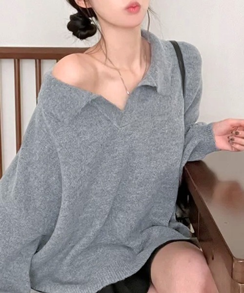 Amiparis ニットセーター グレー ポロニット グレー ウール ケーブルニット ポロ グレー | AMI PARIS