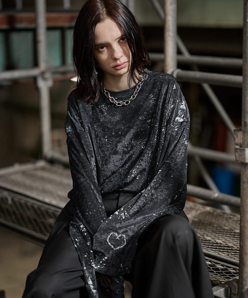 ERAR tシャツ 「ERAR」タトゥーライクハート刺繍ベロアメッシュロンT