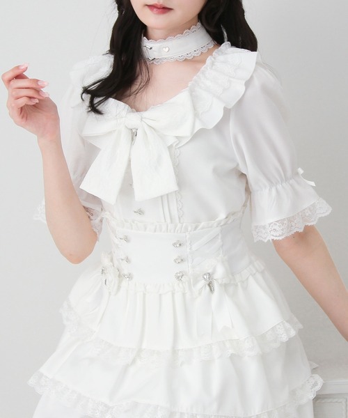 DearMyLove ブラウス シャツ 夏 半袖 大きめリボンフリルレース