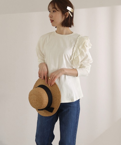 lija リージャM フリル袖 Tシャツ レディなヴィンテージスタイル。綿100％カレッジピグメント袖