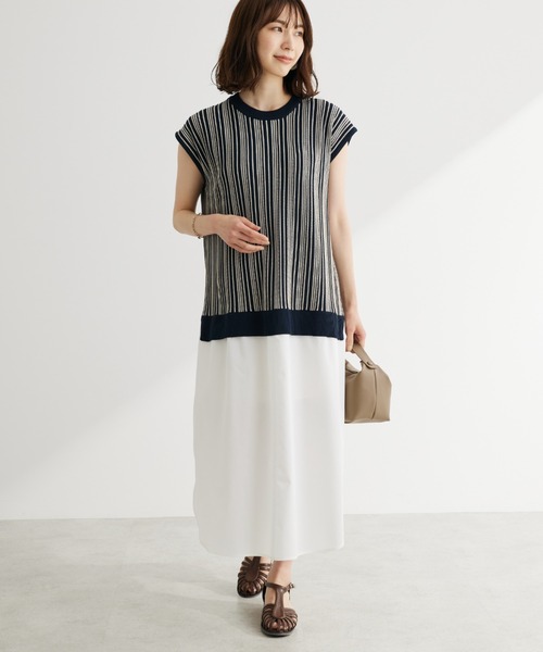 【SALE】配色ストライプニットスカートドッキングワンピース
