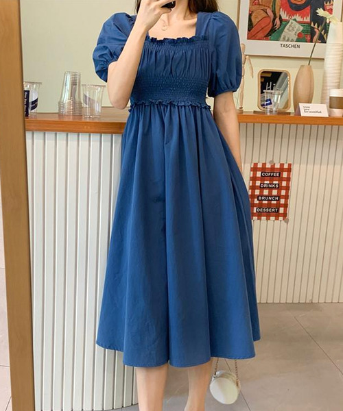 Amu パフスリーブ シャーリング ロングワンピース Amulet（アミュレット） ワンピース 夏 シャーリングロングワンピース