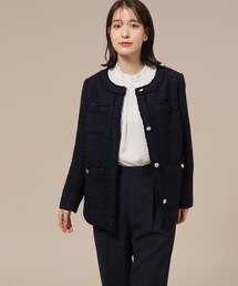 美品　grove　23ss　ツィード　ノーカラージャケット　M　洗える　金ボタン ツイードニットジャケット（ノーカラージャケット） | grove