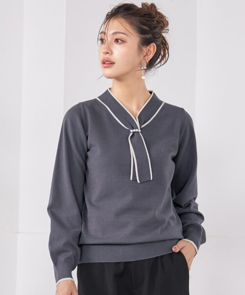 tシャツ 「洗える」配色ボウタイのニットトップス レディース 洗える】配色ボウタイのニットトップス（カットソー） | COUP DE