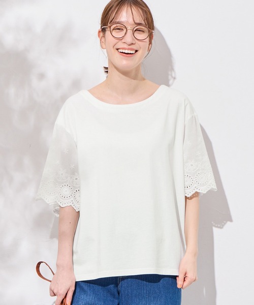 23区 半袖 カットソー ホワイト レース切替 Viola e Viola（ヴィオラ エ ヴィオラ） tシャツ 綿100％ 袖レース