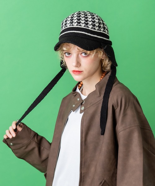 ankoROCK ニット帽 ニットキャップ an meets zakka 千鳥柄ボンボンツバ