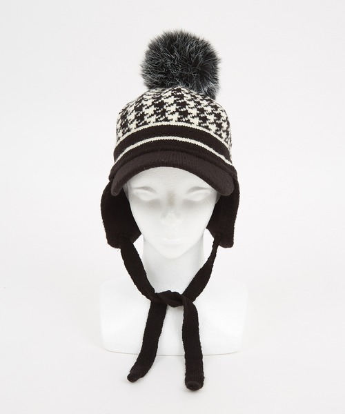 ニット帽 ニットキャップ an meets zakka 千鳥柄ボンボンツバ付き3WAY