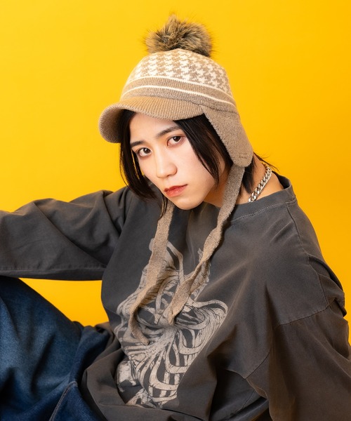 ankoROCK ニット帽 ニットキャップ an meets zakka 千鳥柄ボンボンツバ