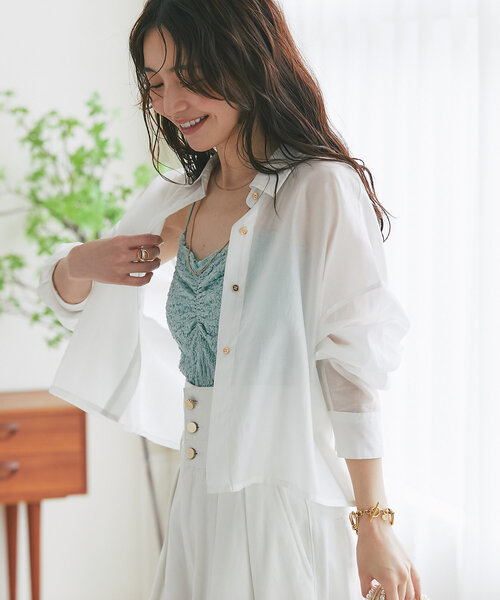 ピンク 長袖 シアーシャツ レディース　クロップドシャツ　最終価格 ショート丈 シアーシャツ 短丈シャツ 長袖 クロップド丈 シャツ