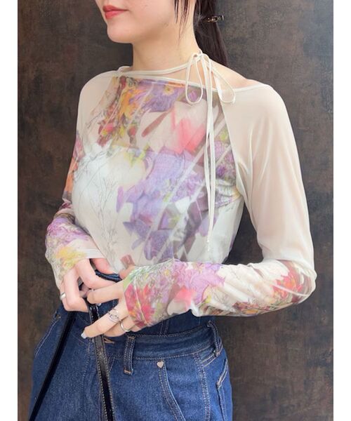 tシャツ 「DELIGENCE PARLOURコラボ」アートフラワープリントシアートップス レディース