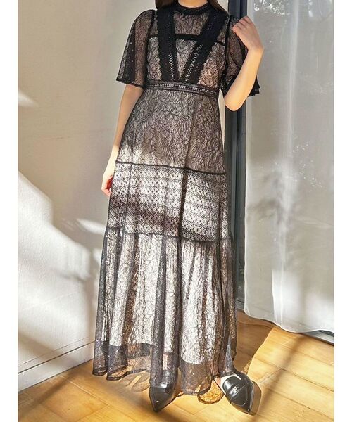 新品！MERCURYDUOミックスレースフレアスリーブワンピースM MERCURYDUO ワンピース ミックスレースフレアスリーブワンピース