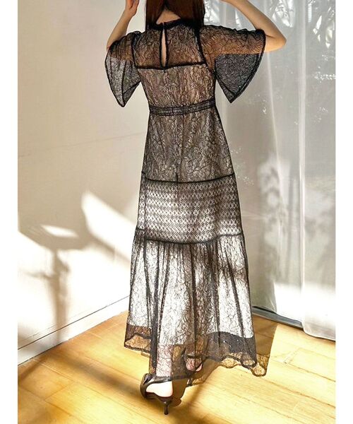新品！MERCURYDUOミックスレースフレアスリーブワンピースM MERCURYDUO ワンピース ミックスレースフレアスリーブワンピース