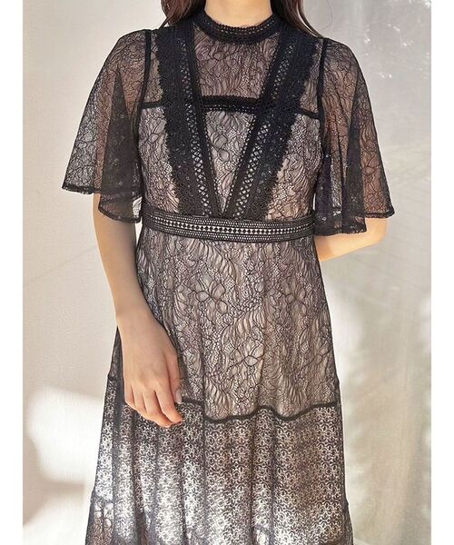 新品！MERCURYDUOミックスレースフレアスリーブワンピースM MERCURYDUO ワンピース ミックスレースフレアスリーブワンピース