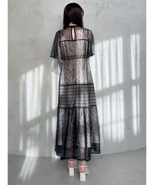 新品！MERCURYDUOミックスレースフレアスリーブワンピースM MERCURYDUO ワンピース ミックスレースフレアスリーブワンピース