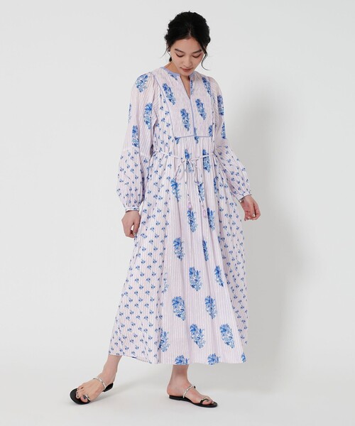 【新品】ヌキテパ コットンジャガードリリープリントシャーリングドレス　S Cotton Jacquard Lily Print Shirring Dress | Pasand by ne
