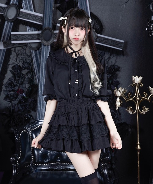 Pal elfy 半袖ブラウス➕ワンピース　セット売り Pal elfy ブラウス シャツ 半袖 チョーカー付きコットンフリルブラウス