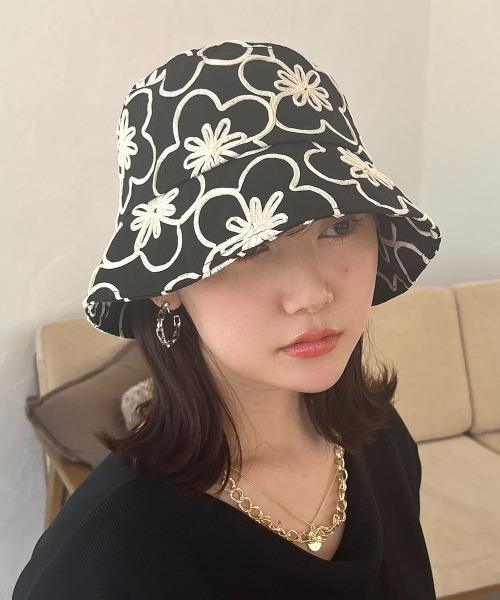 帽子 ハット フラワーコード刺繍バケットハット レディース
