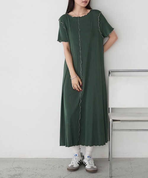 Tシャツワンピース ウエスト見せ プリーツスカート 韓国 L3372 forksy. ワンピース 「forksy.」プリーツメロー Aライン Tシャツ