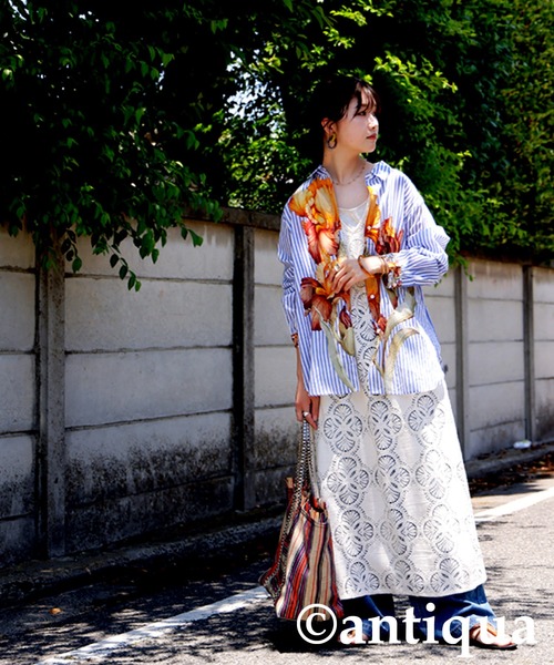 BALLANTYNEバランタイン シルク100% 長袖ブラウス ストライプ 花柄 antiqua ブラウス シャツ 花柄ストライプシャツ レディース