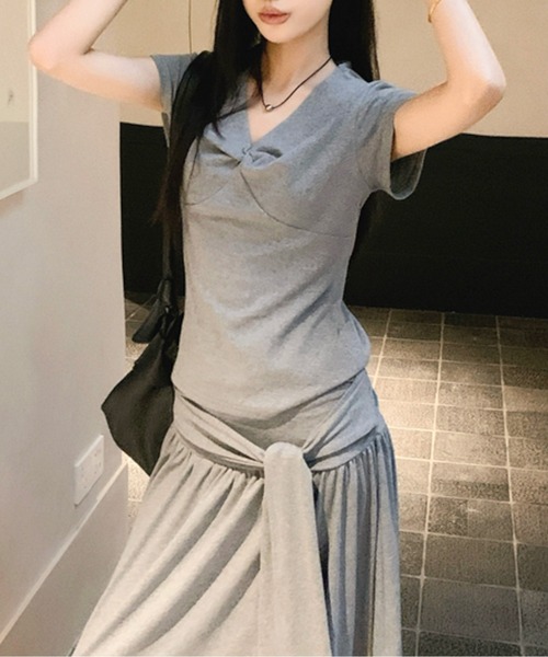 tシャツ VネックギャザーTシャツ レディース